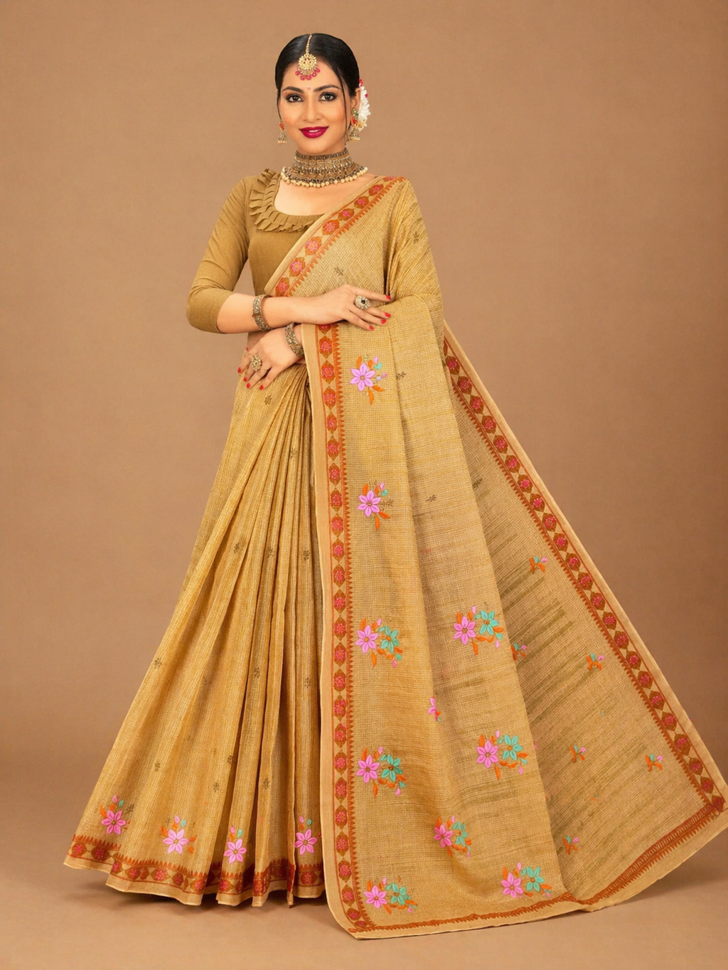 Pure Cotton Stitch work Saree| Brown