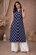 XL Size| Pure Cotton Printed Sleeveless Kurti With Collar | Blue