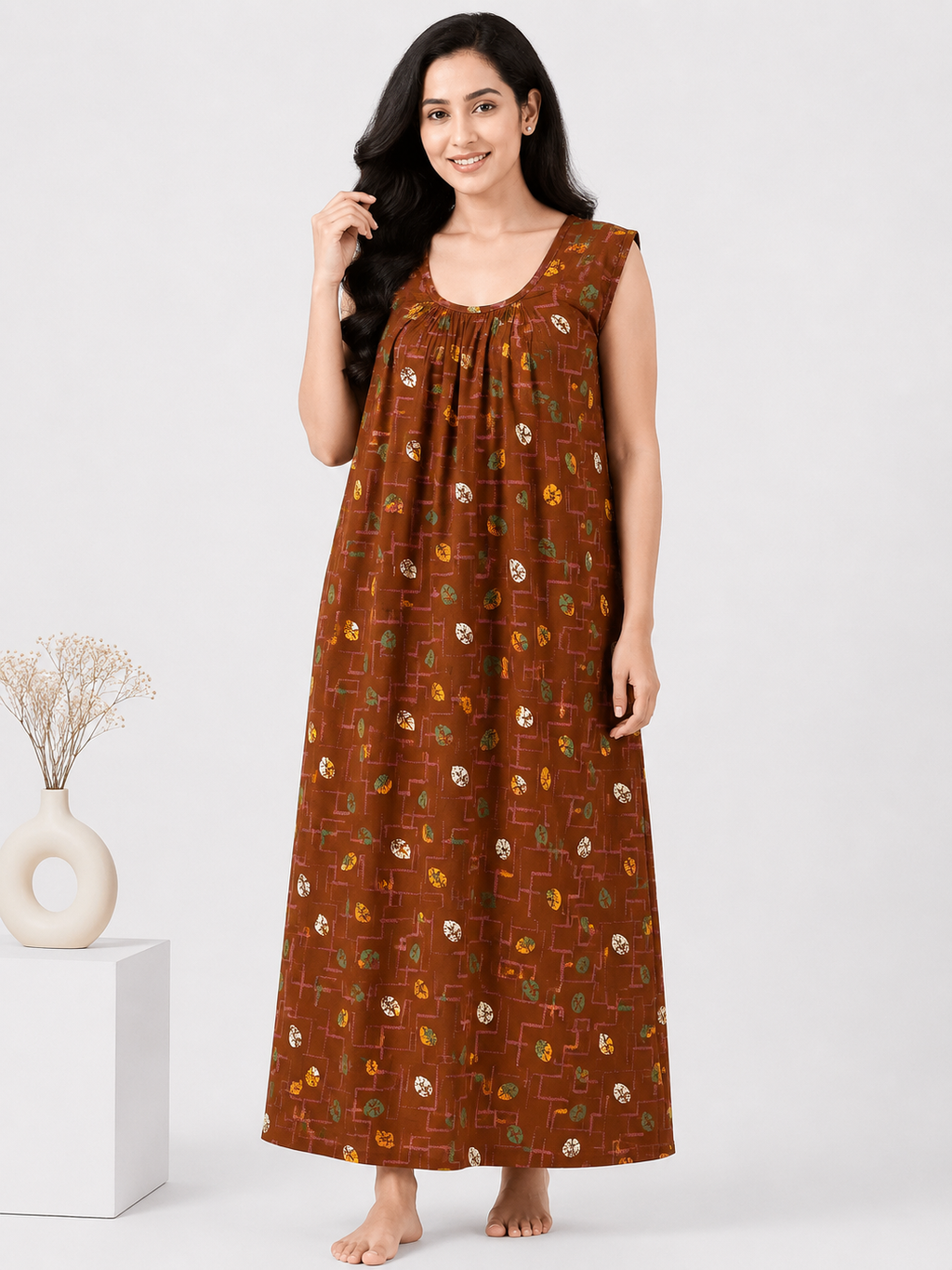 Pure Cotton Sleeveless Nighty | Brown