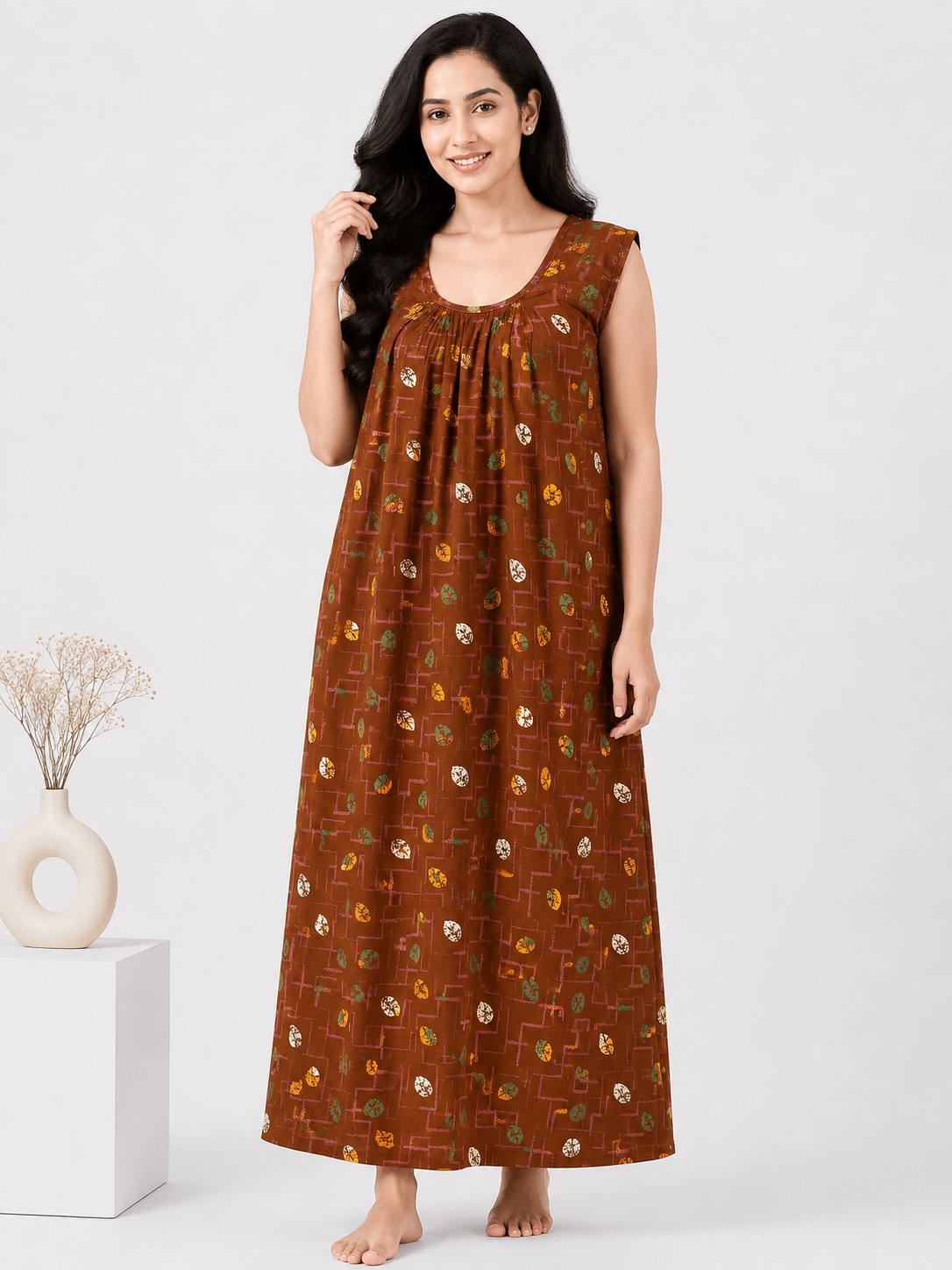 Pure Cotton Sleeveless Nighty | Brown