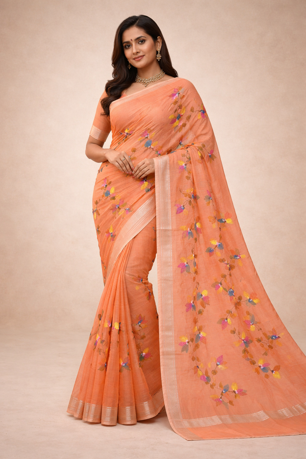 Hand Print Resham Kota Saree| Peach