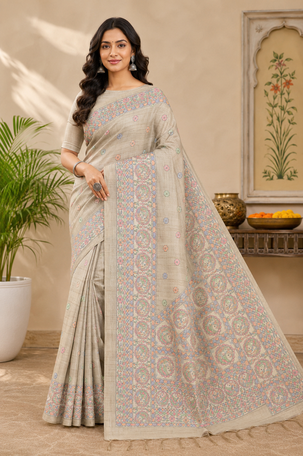 Semi Madhubani Silk Saree| Beige