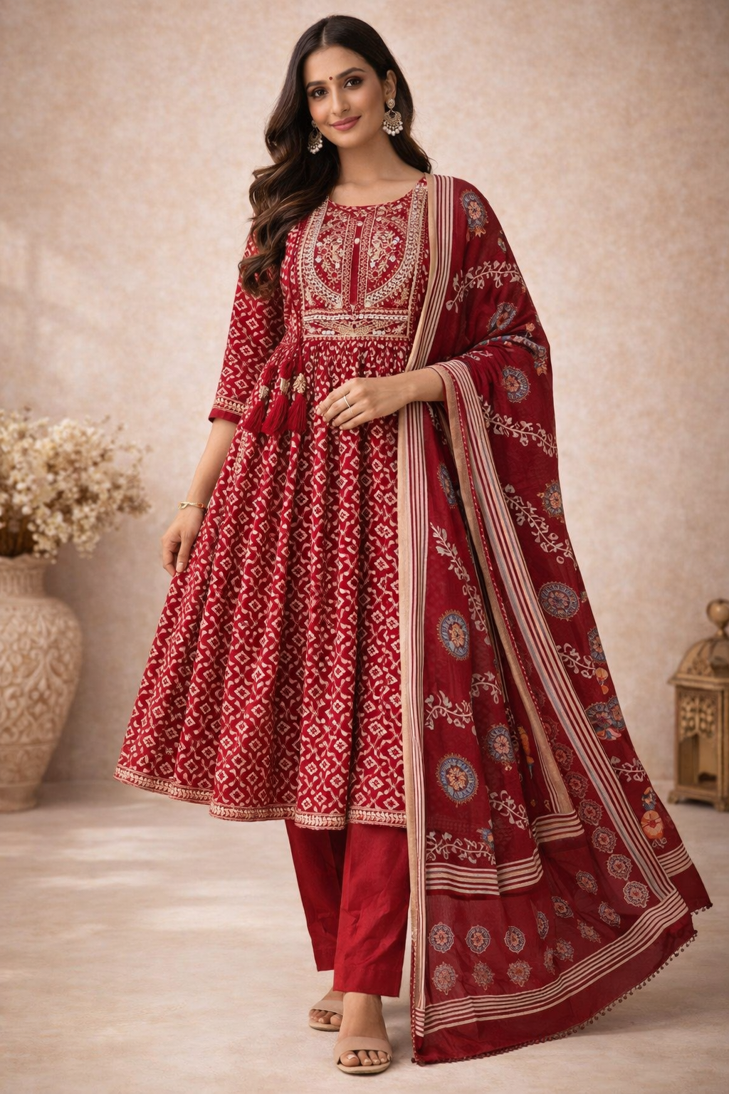 L SIZE| Premium Silk Nyra Cut 3 Pieces Stitched Kurti/Salwar Suit| Red