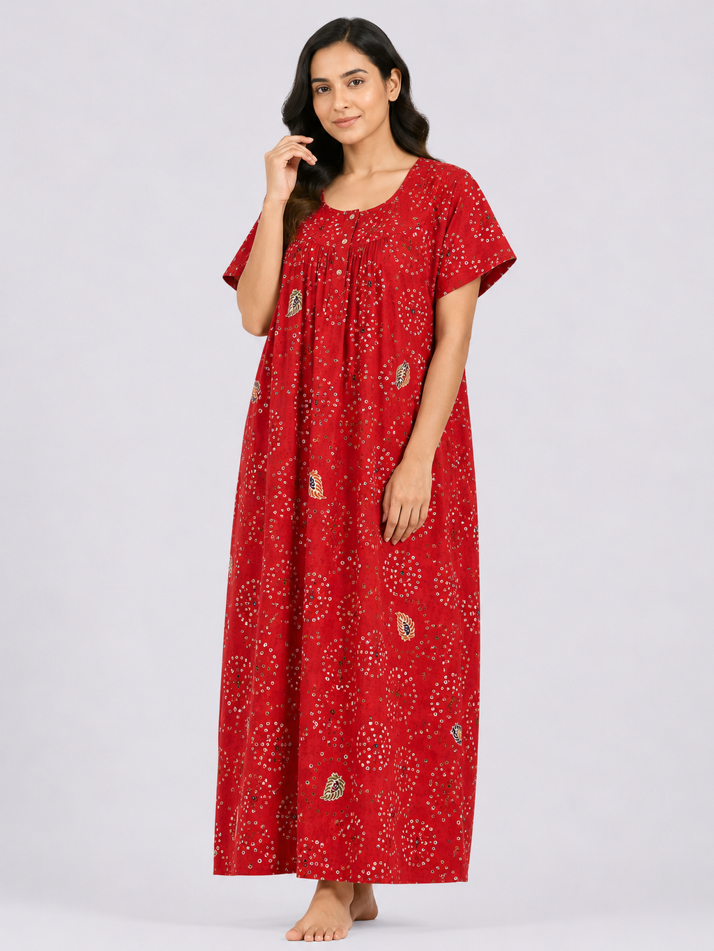 Pure Cotton Half Sleeve Nighty | Red