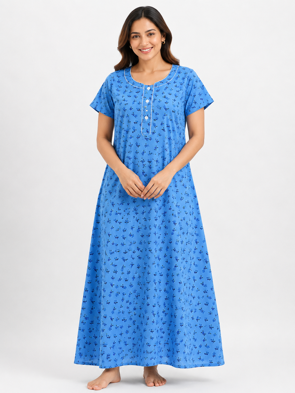 XXL Size| Pure Cotton Round Neck Sleeve Nighty | Blue