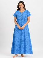 XXL Size| Pure Cotton Round Neck Sleeve Nighty | Blue