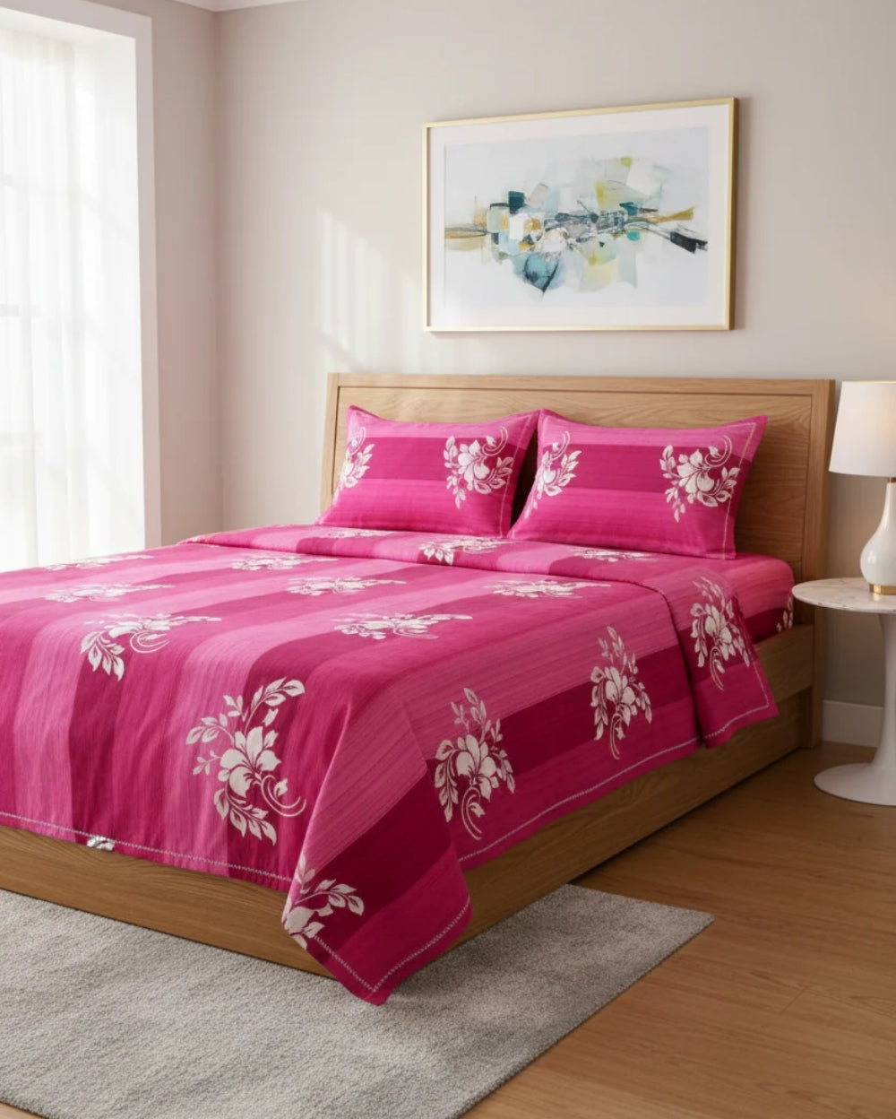 Medium| Pure Cotton Double Sheet Set (5ft x 7ft) + 2 Pillow Covers |Pink
