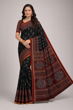 Pure Cotton Ajrak Print Saree | Black