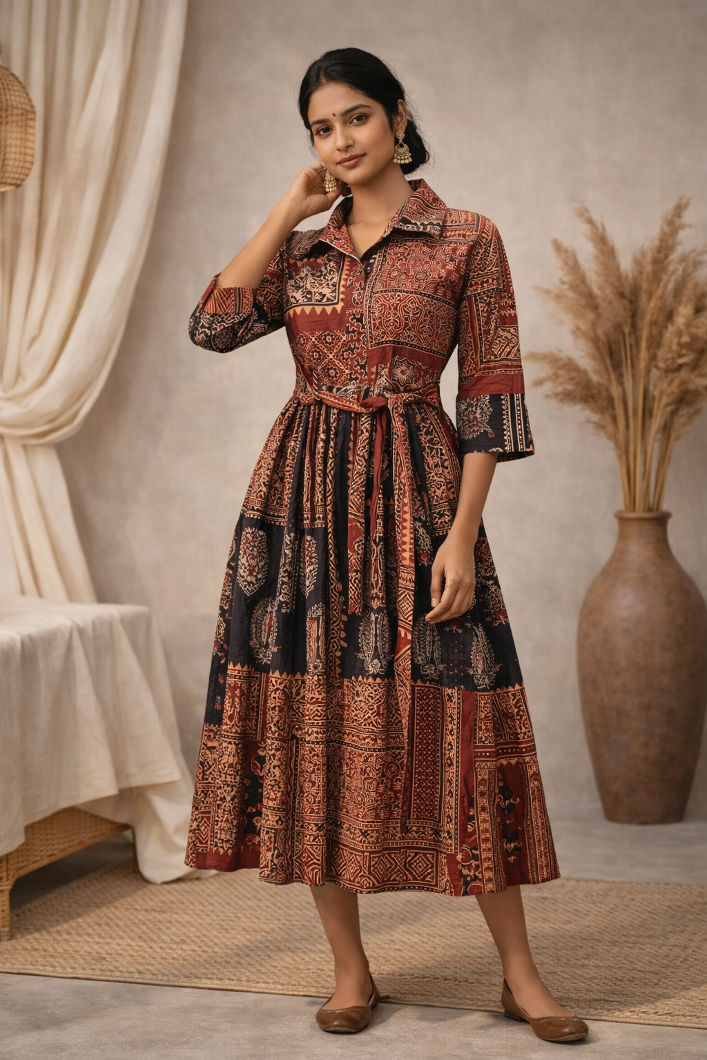 L Size| Cotton Azrak Printed Frock Pattern Collar Gown/one piece| Red