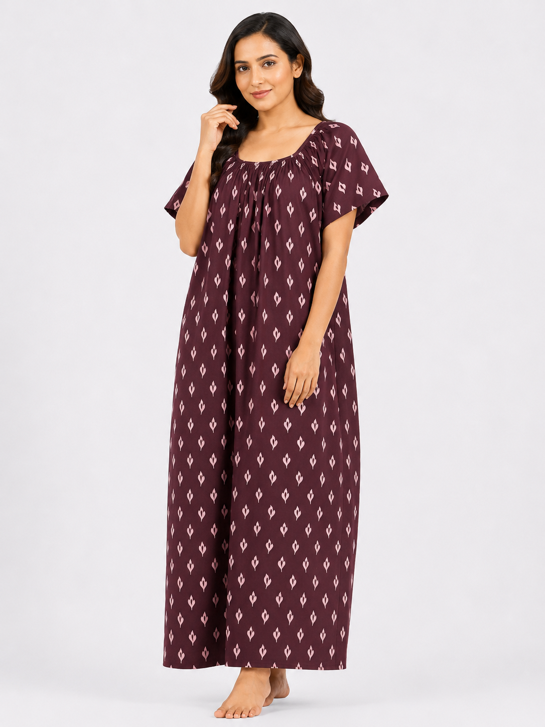 Pure Cotton Half Sleeve Nighty | Maroon