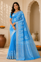 Semi Chanderi Silk Saree|Sky Blue