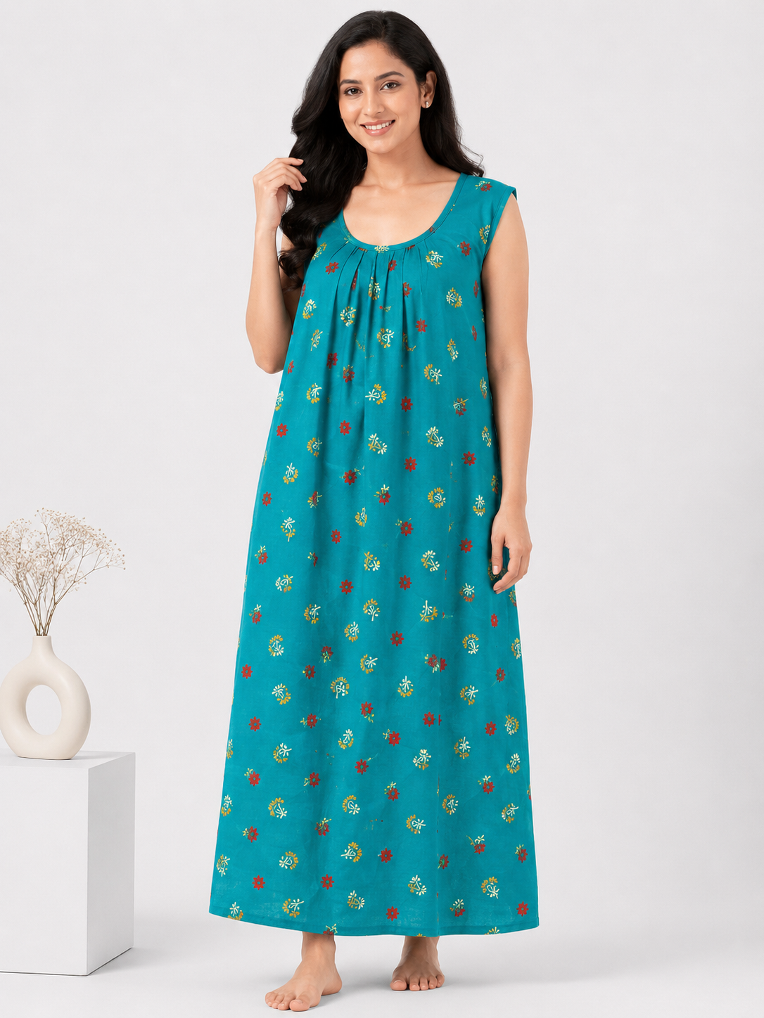 Pure Cotton Sleeveless Nighty | Green