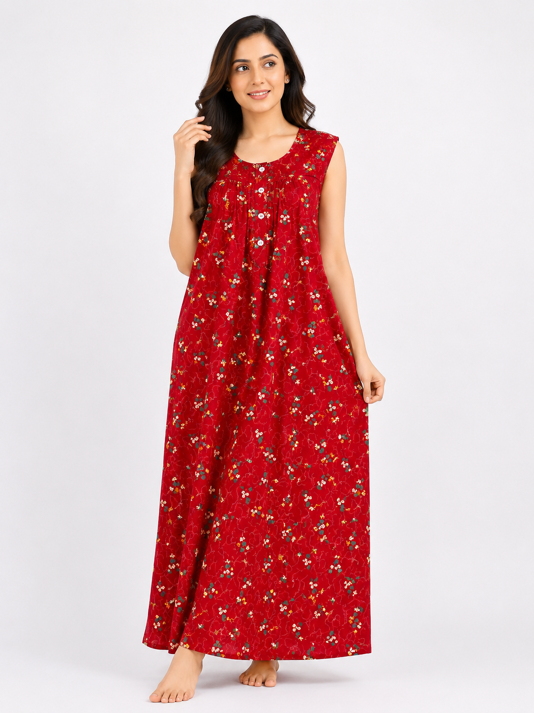 Pure Cotton Sleeveless Nighty | Red
