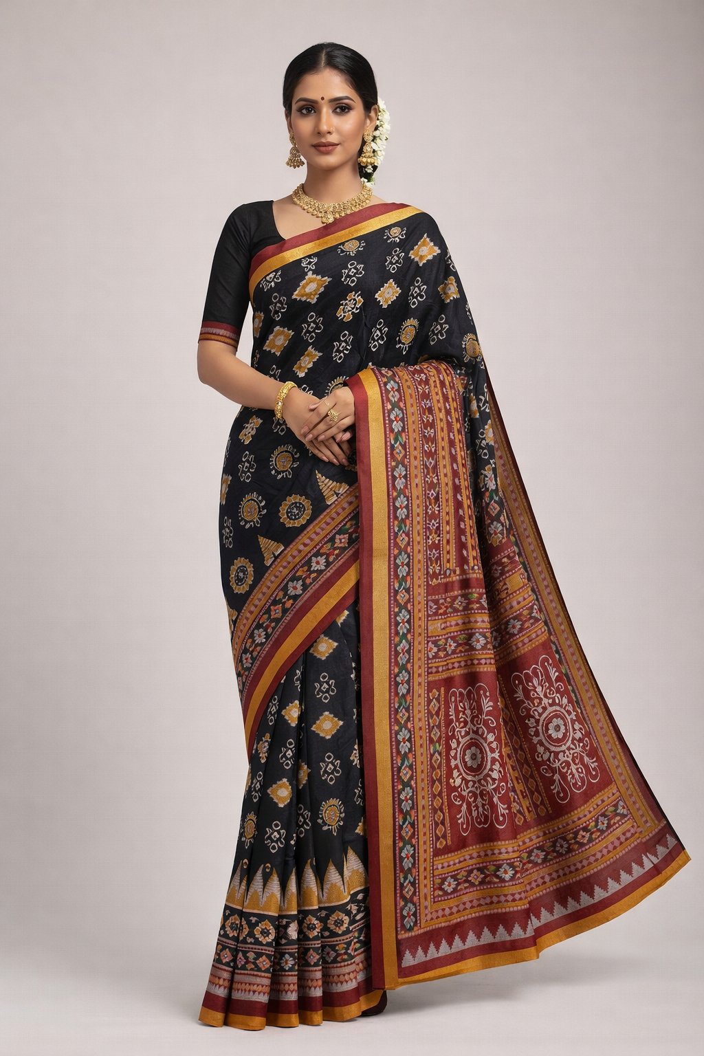 Pure Cotton Ajrak Print Saree | Black