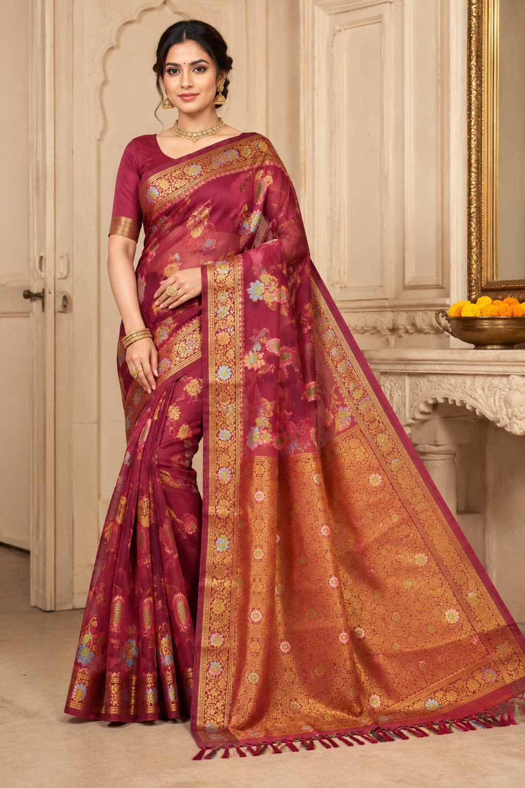 Premium Printed Organza Silk Saree| Red
