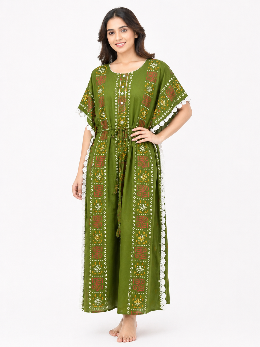 Pure Cotton Kaftan Nighty | Green