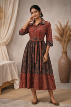 XL Size| Cotton Azrak Printed Frock Pattern Collar Gown/one piece| Red