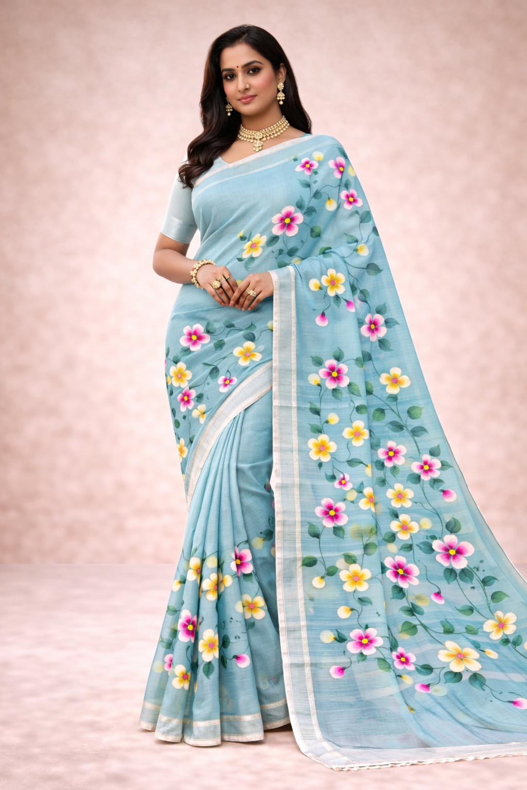 Hand Print Resham Kota Saree| Sky Blue