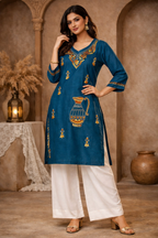 XXL Size|Cotton Katha Stitched V Neck Kurti | Blue