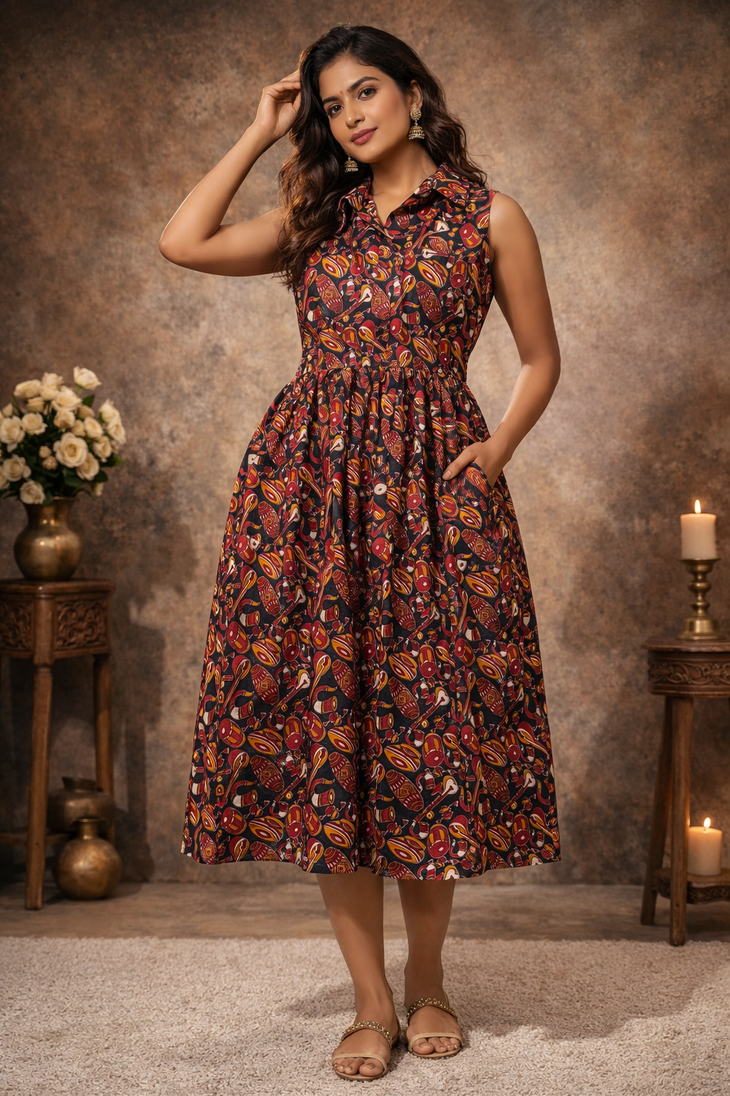 XL Size| Cotton Azrak Printed Frock Pattern Collar Gown/one piece| Black