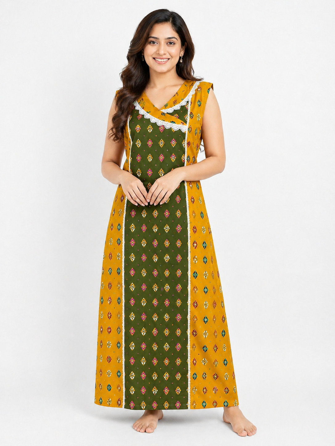 Pure Cotton Sleeveless designer Nighty | Green