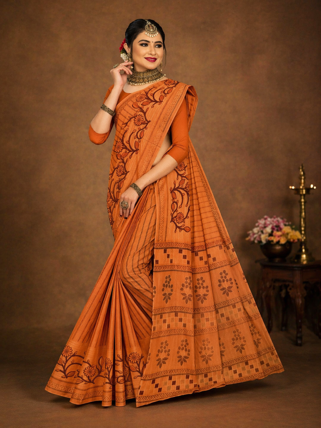 Pure Cotton Stitch work Saree| Orange