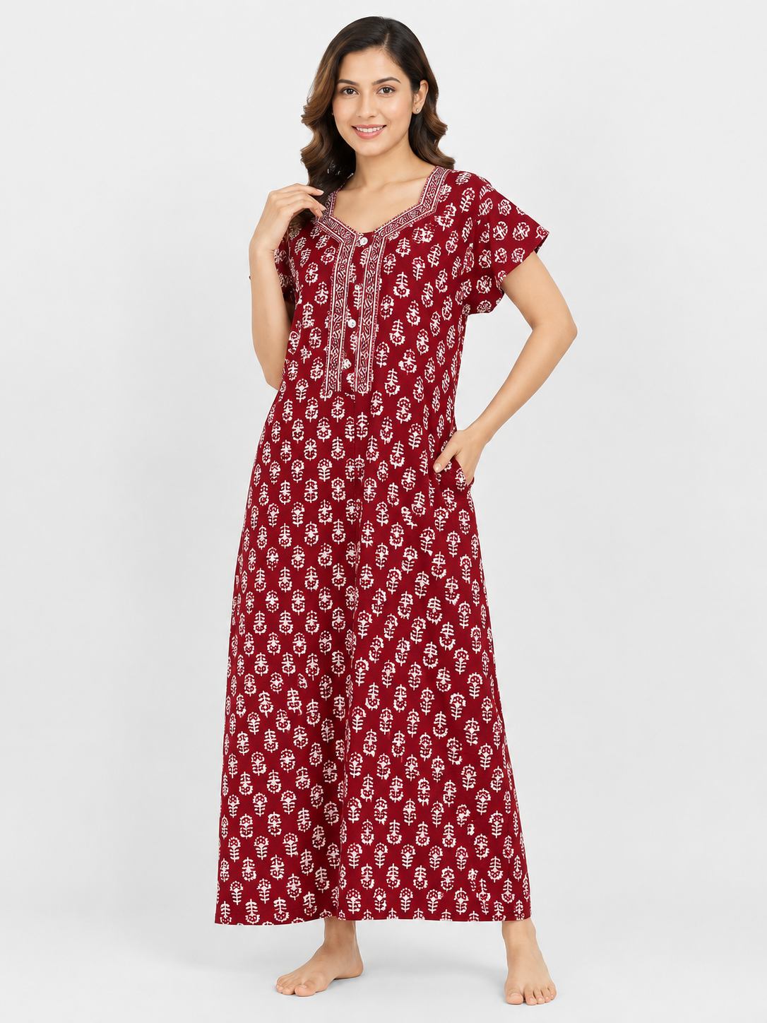 Pure Cotton Half Sleeve Allen Cut Nighty | Red