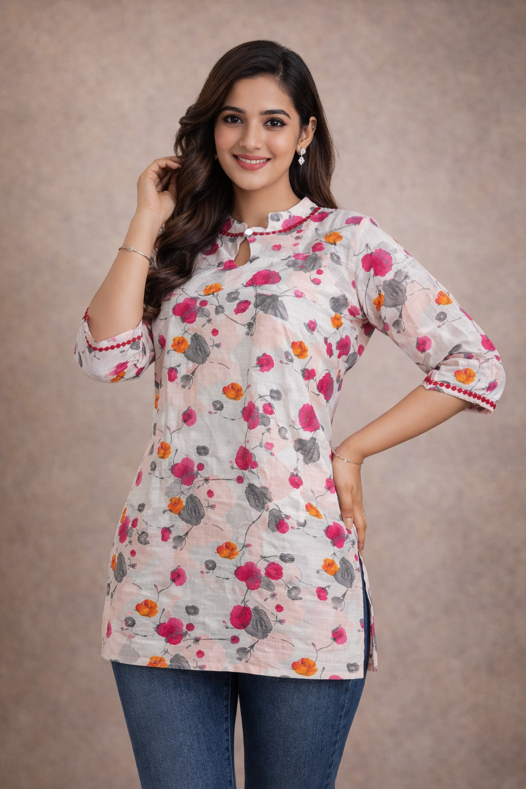 M SIZE |PURE RAYON SHORT PRINTED KURTI | WHITE