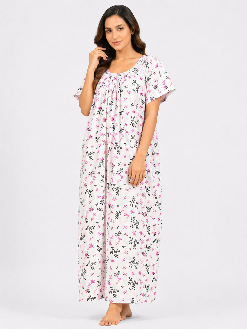 Pure Cotton Half Sleeve Nighty | White