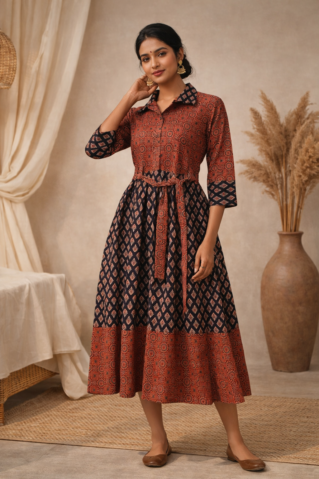 XL Size| Cotton Azrak Printed Frock Pattern Collar Gown/one piece| Red