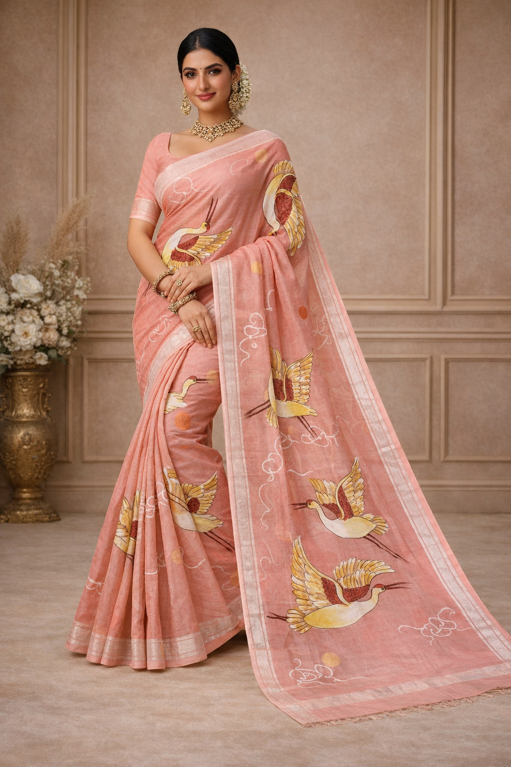 Hand Print Resham Kota Saree| Peach