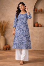 3XL Size| Basic Cotton Printed Kurti | Blue