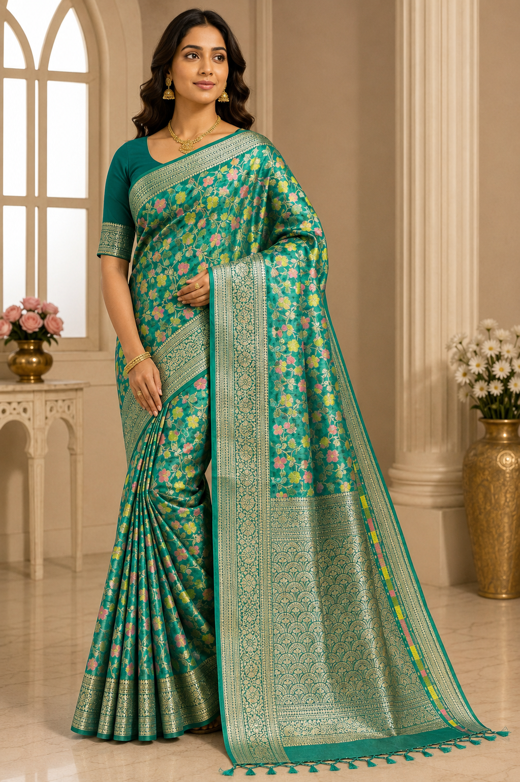 Pashmina Raw Silk Saree| Green