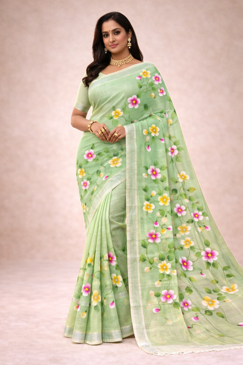 Hand Print Resham Kota Saree| Green