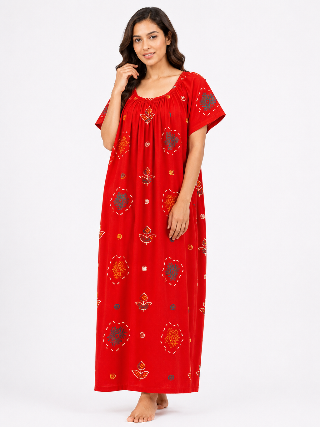 Pure Cotton Half Sleeve Nighty | Red