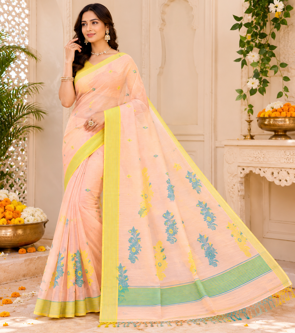 Pure Khadi Cotton Saree| Peach