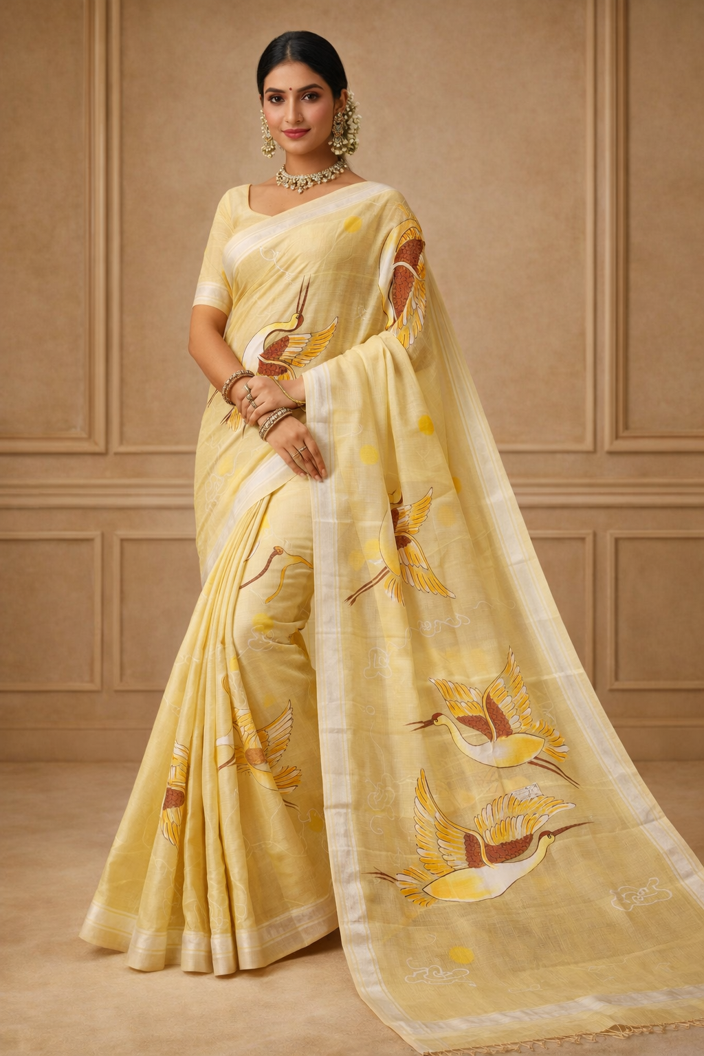 Hand Print Resham Kota Saree| Yellow