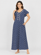 Pure Cotton Half Sleeve Allen Cut Nighty | Blue