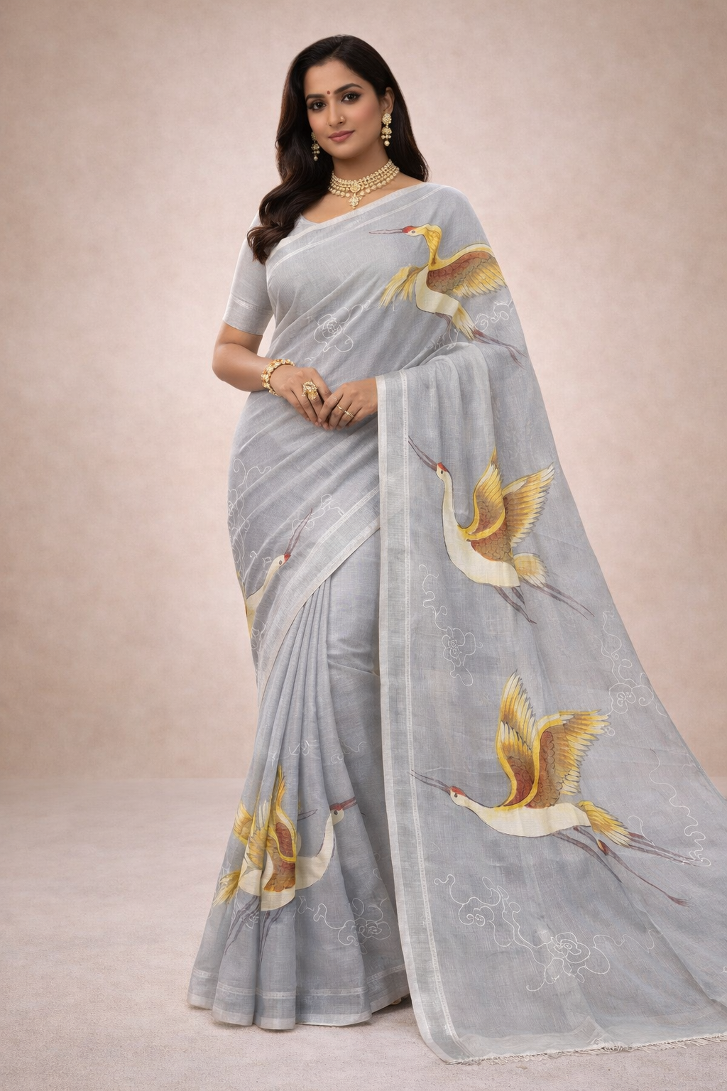 Hand Print Resham Kota Saree| Grey
