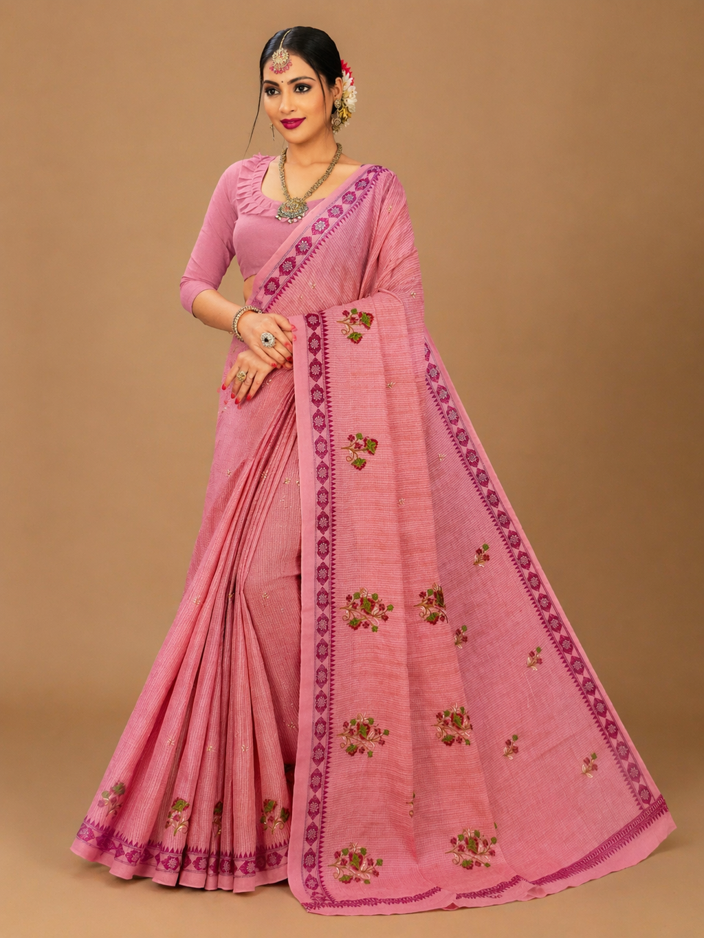 Pure Cotton Stitch work Saree| Pink