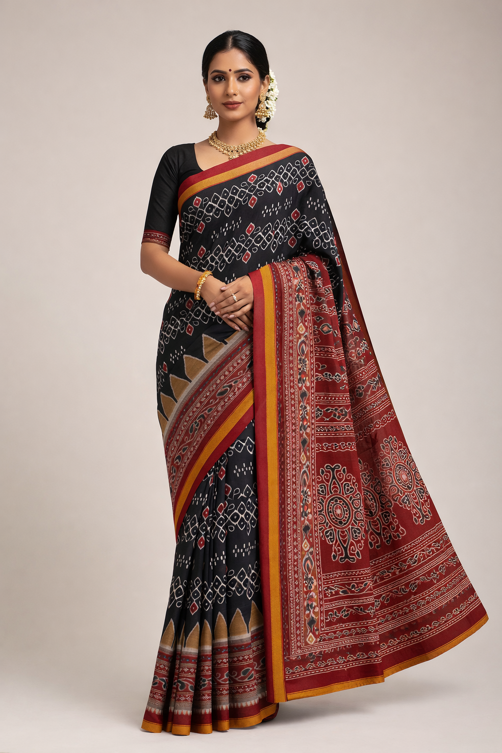 Pure Cotton Ajrak Print Saree | Black