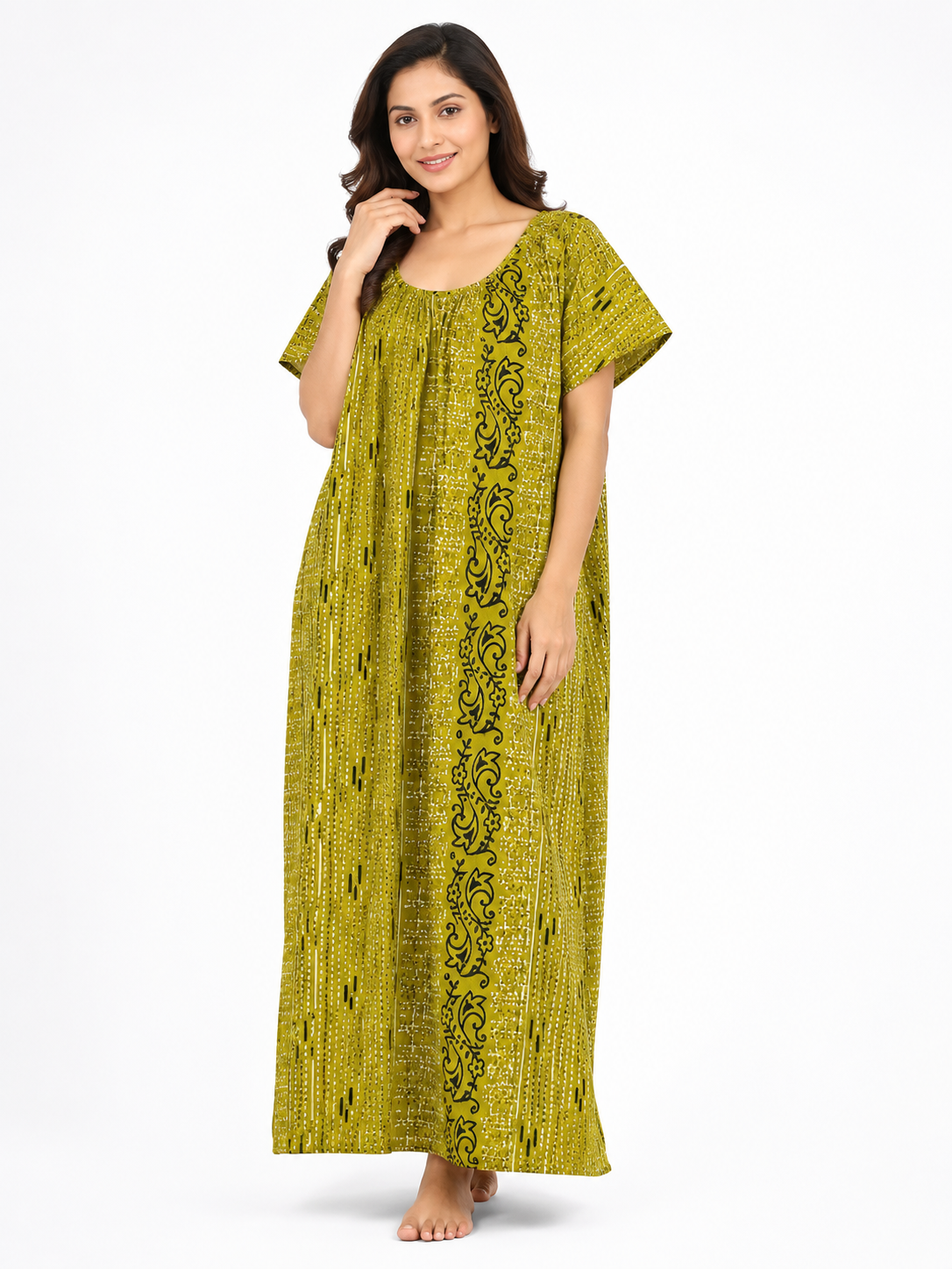 Pure Cotton Half Sleeve Nighty | Green