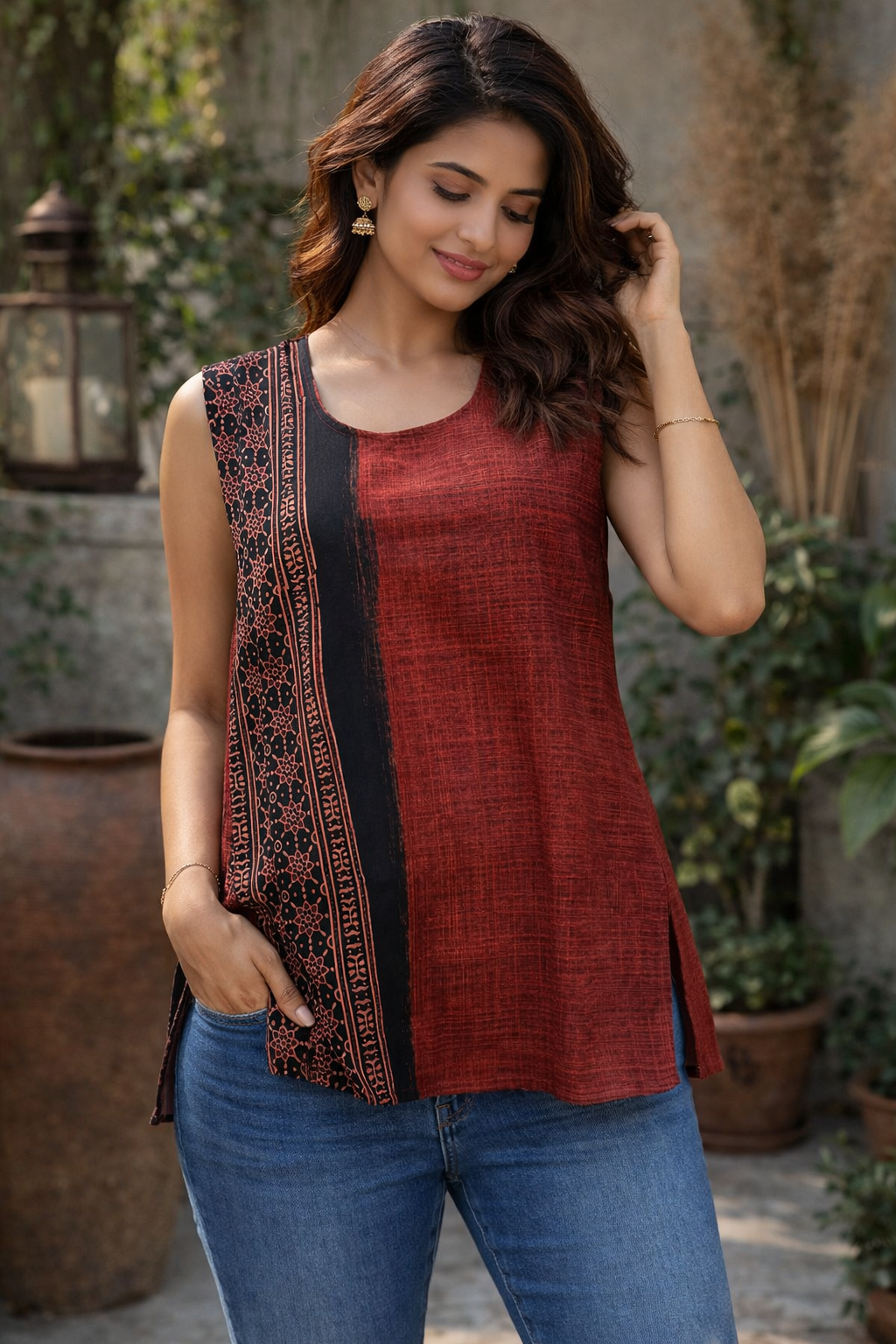 L SIZE |COTTON AJRAK SHORT SLEEVELESS KURTI | Red