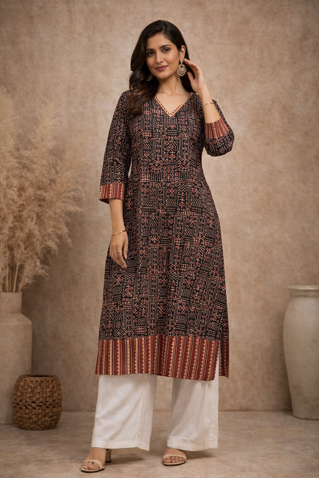 4XL Size|Cotton Ajrak Designer Kurti | Black