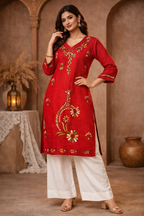 3XL Size|Cotton Katha Stitched V Neck Kurti | Red