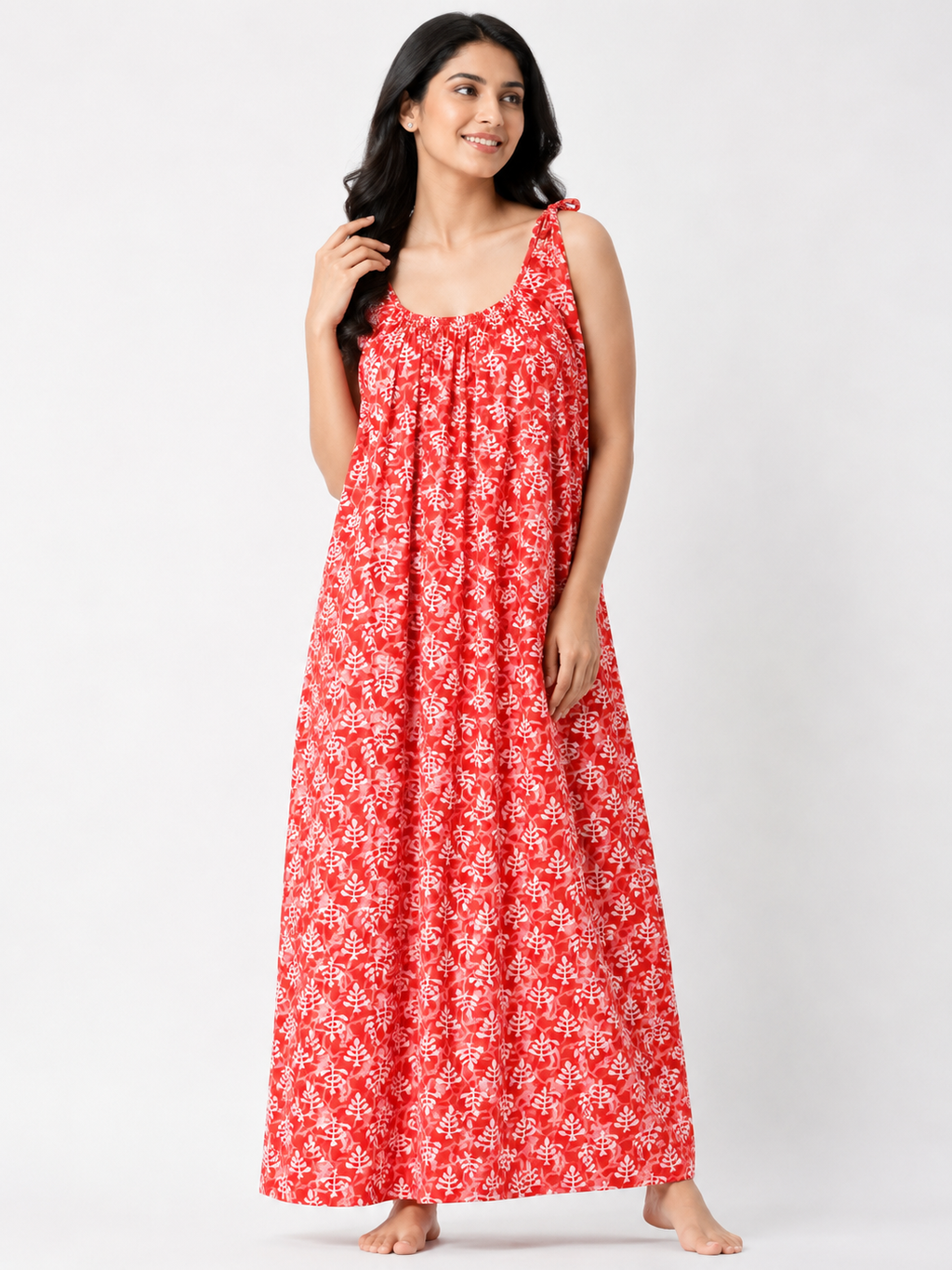 Pure Cotton Sleeveless knot round Cut Nighty | Orange