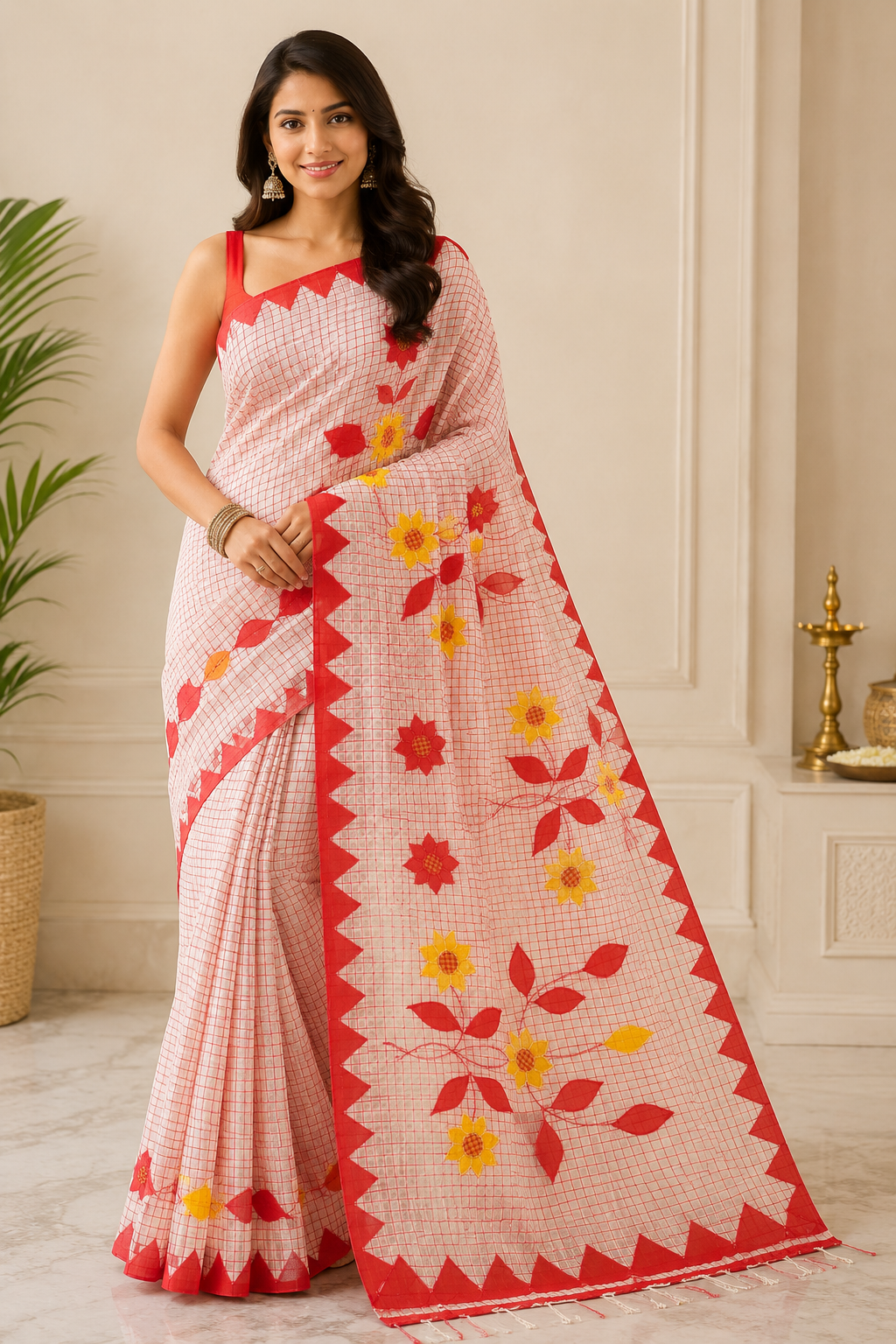 Pure Stitch work Applique Cotton Saree| Red