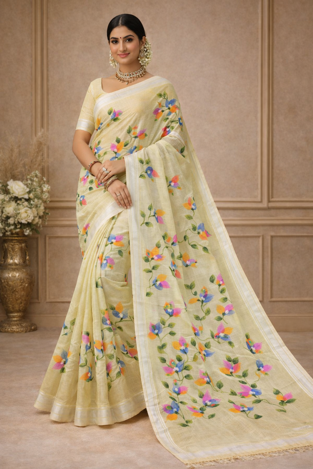 Hand Print Resham Kota Saree| Yellow