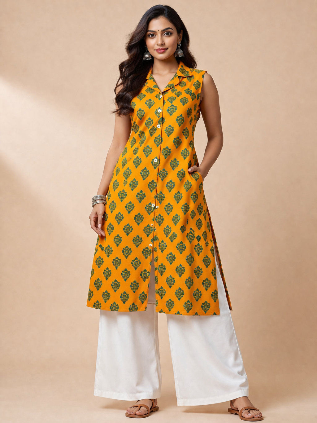 3XL Size| Pure Rayon Collar Sleeveless Printed Kurti| Yellow