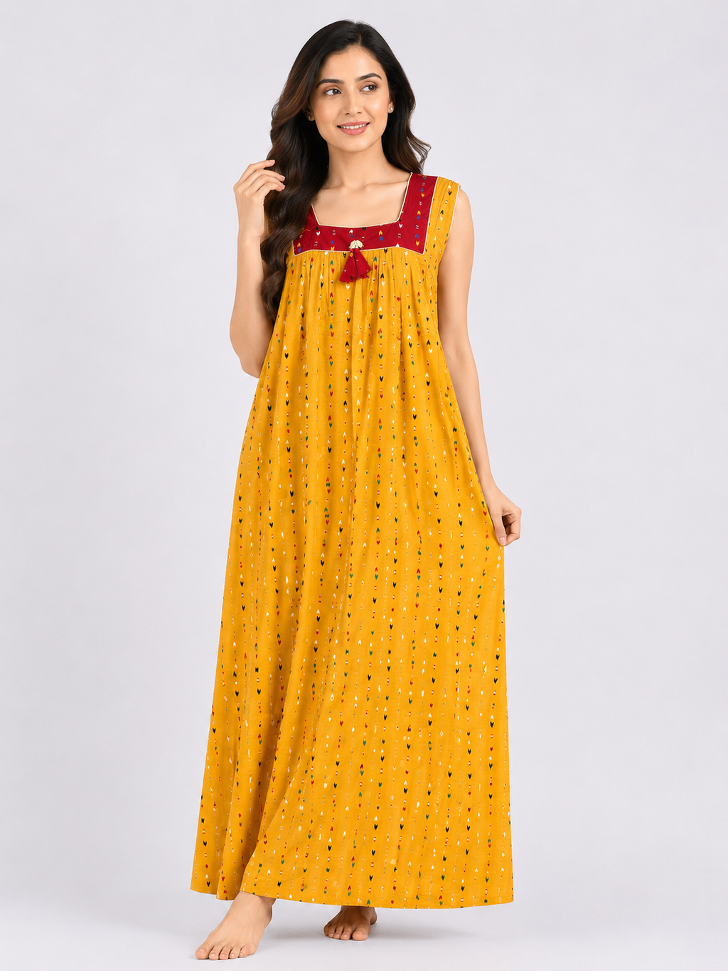 Pure Cotton Sleeveless designer Nighty | Yellow